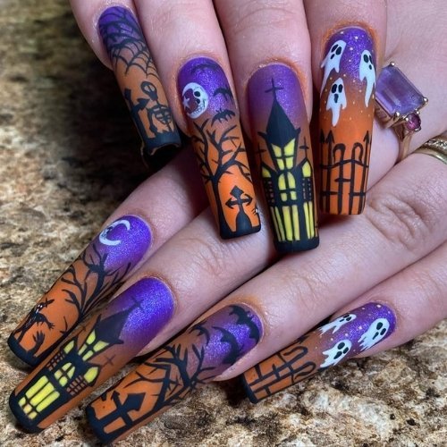 Haunted Night Skyline Nails