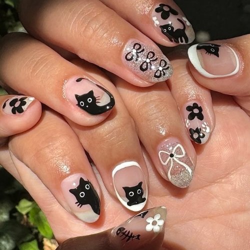 Playful Black Cat Nails