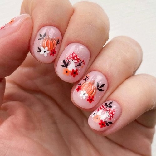 Autumn Pumpkin and Flower Nails