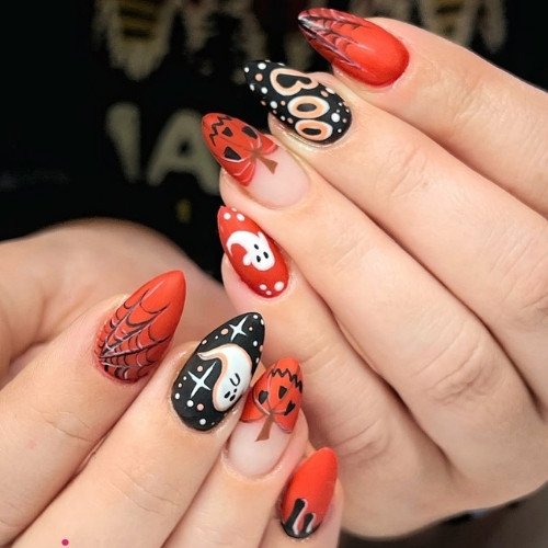 Bold Red and Black Halloween Nails