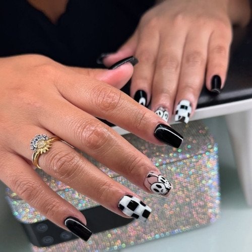 Classic Black and White Checkerboard Nails