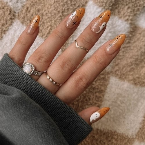 Cute Pumpkin and Ghost Halloween Nails
