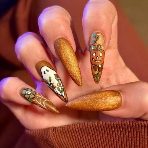 Halloween Pumpkin and Ghost Nails