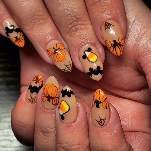Pumpkin and Spider Web Nails