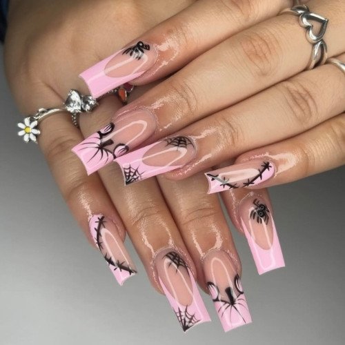Spooky Spiderweb Pink Nails