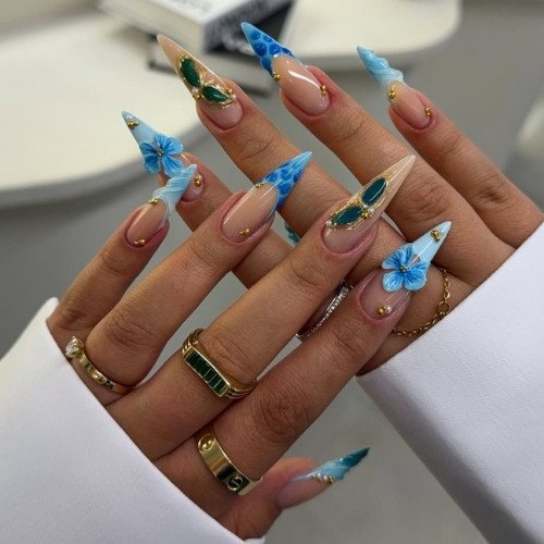 Blue 3D Floral Nails