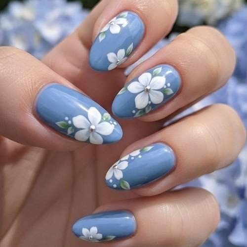 Blue Floral Nails