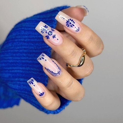 Blue Folk Art Nails
