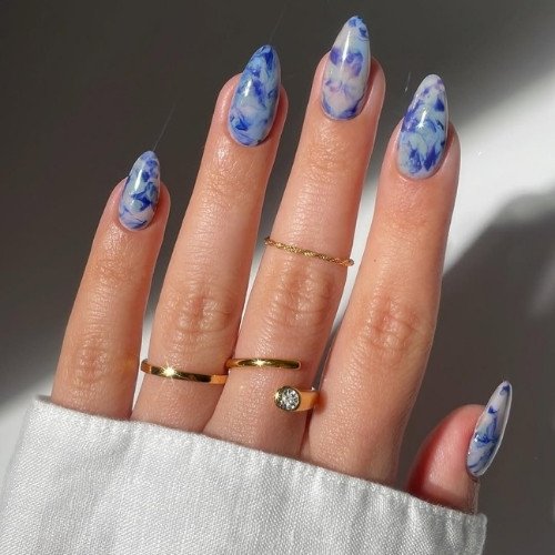 Blue Marble Almond Nails