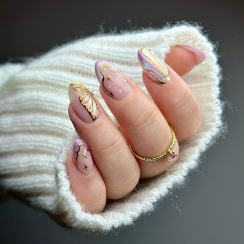 Golden Celestial Marble Nails
