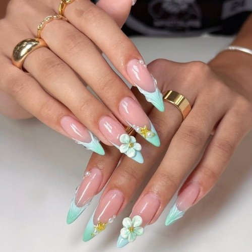 Mint Floral French Nails