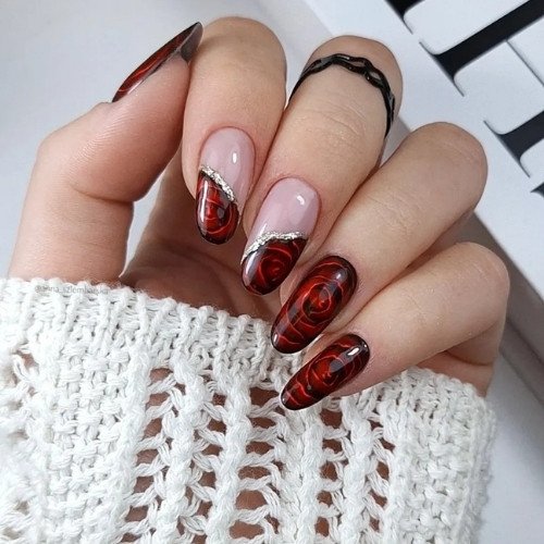 Red Marble Accent Nails
