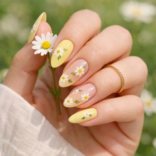 Yellow Daisy Floral Nails