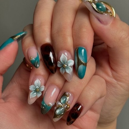 Teal Velvet Nails with Floral Accent